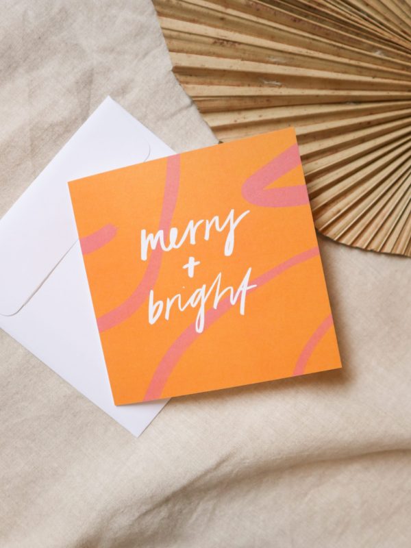 merry and bright, Merry Christmas card, red greeting card, typography, hand lettering