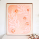 abstract acrylic painting on canvas of shells and seaweed framed in tasmanian oak