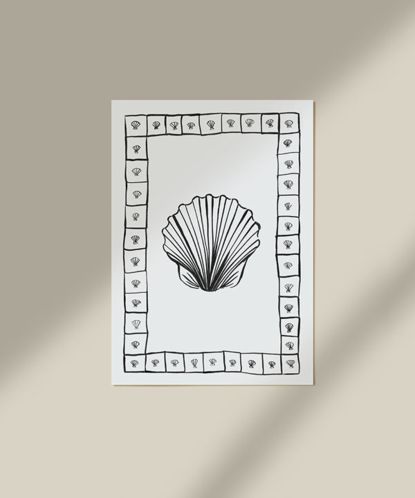 caitlin hope print from her new collection HOLIDAY. Black and white painting of a scallop shell , perfect for coastal interiors